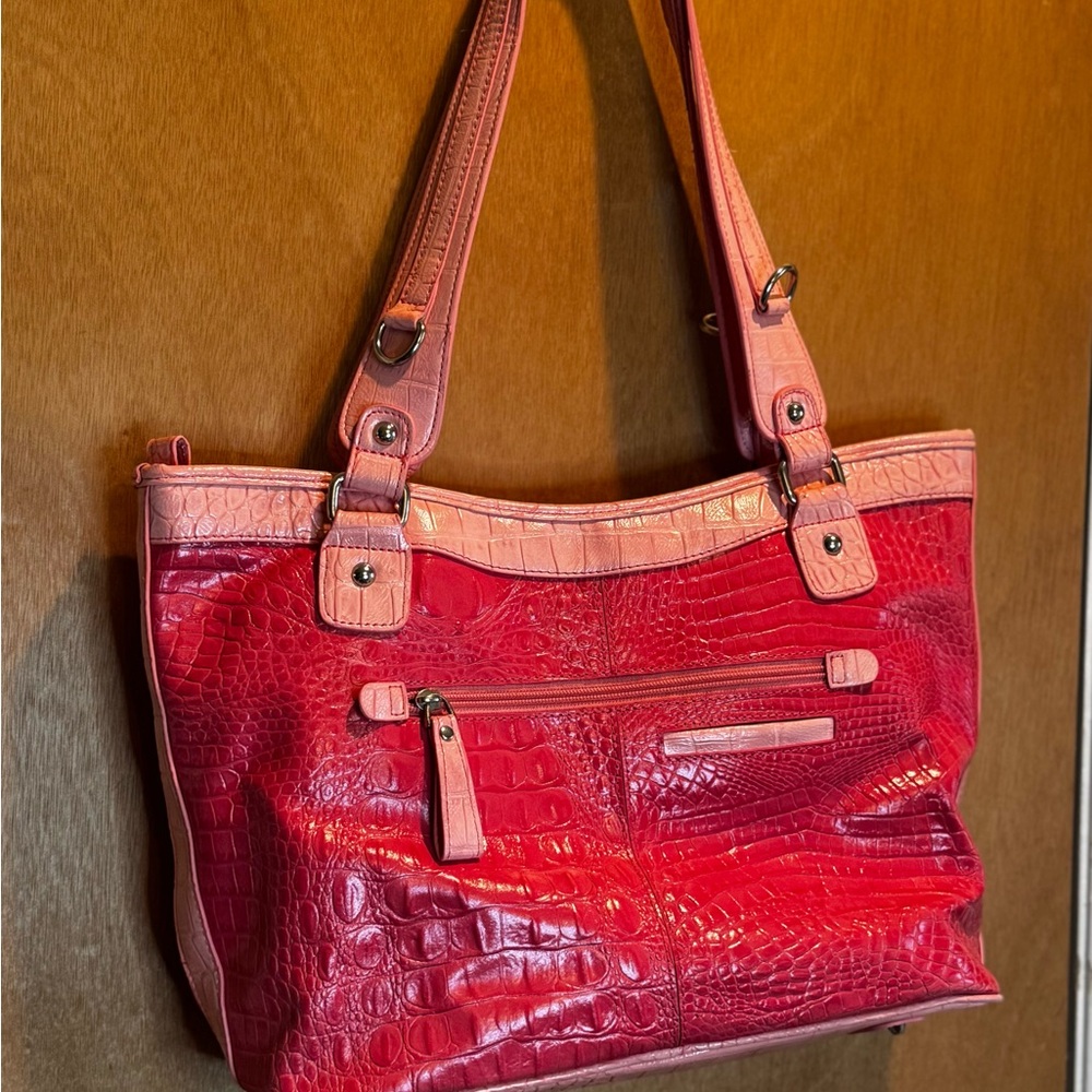 Croc-Embossed Two-Tone Pink Shoulder Bag